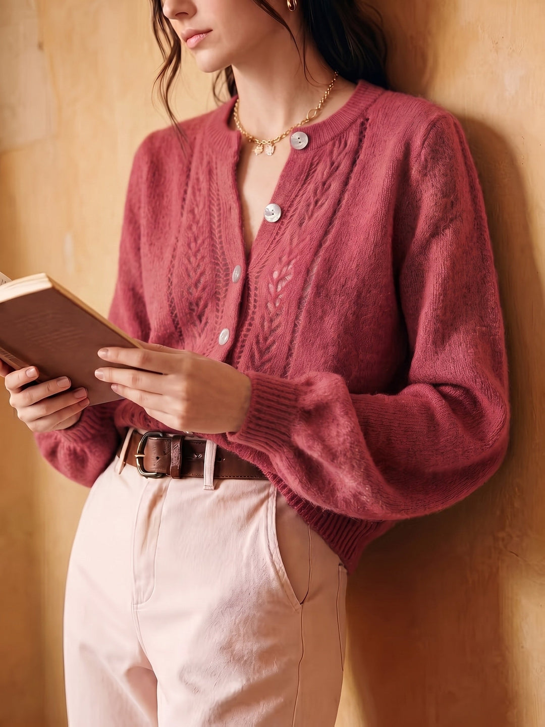 Softly Textured Round-Neck Cardigan