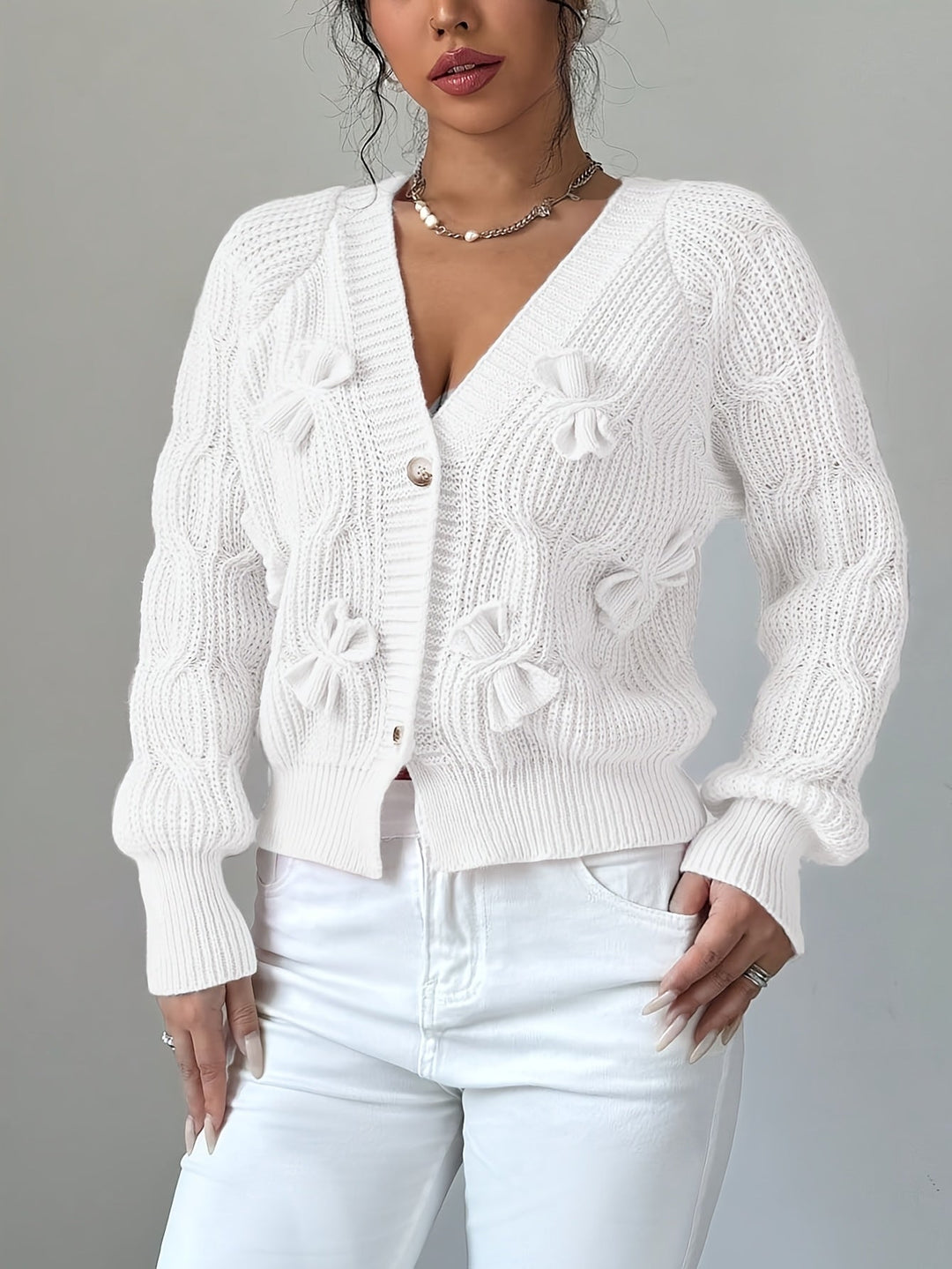 Soft Bow-Detail Long Sleeve Cardigan