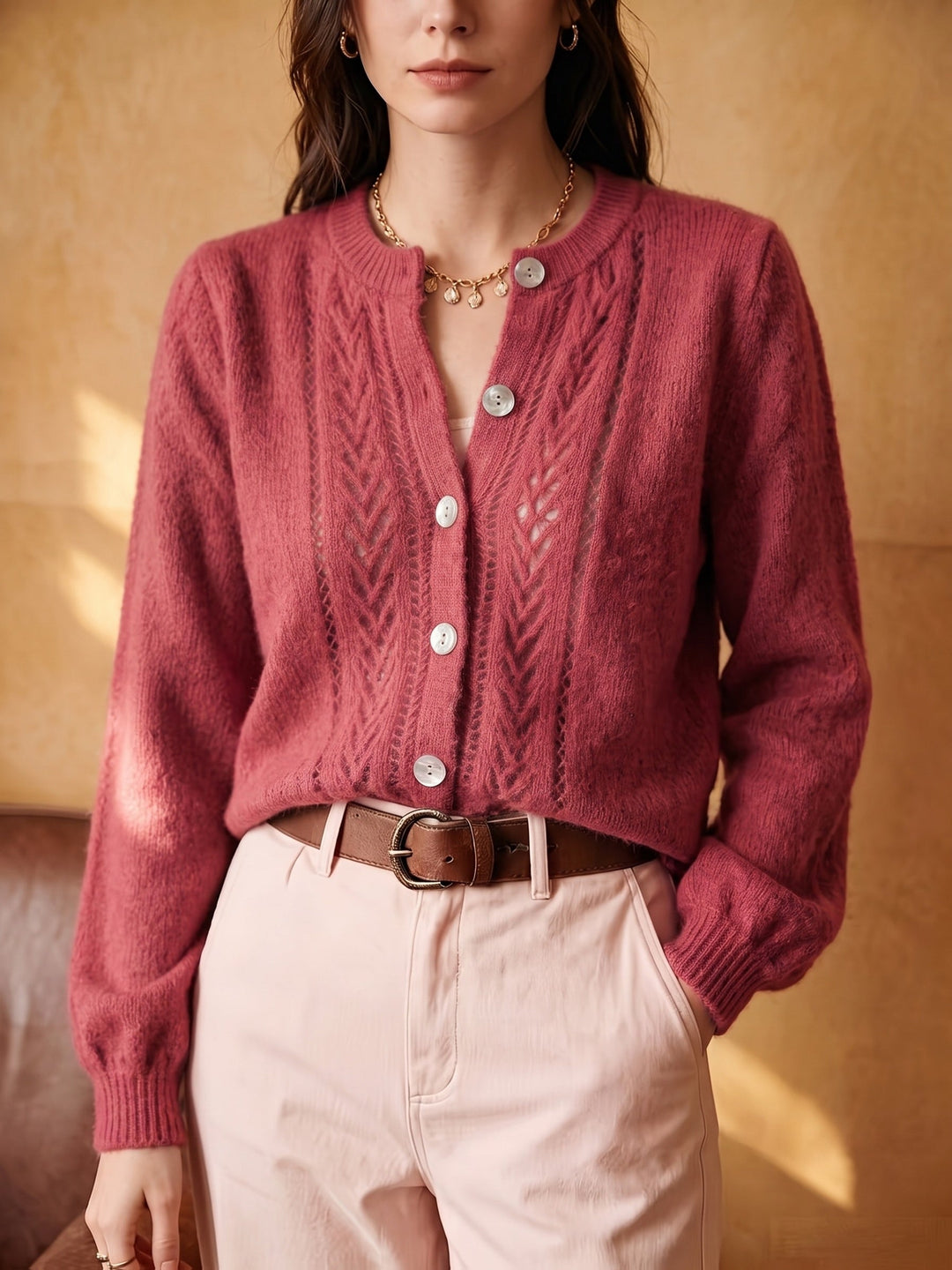 Softly Textured Round-Neck Cardigan