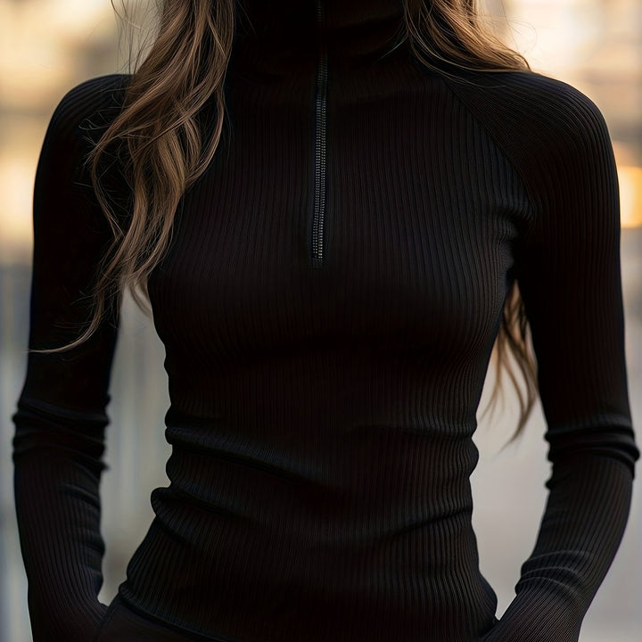 Half-Zip High-Neck Ribbed Top