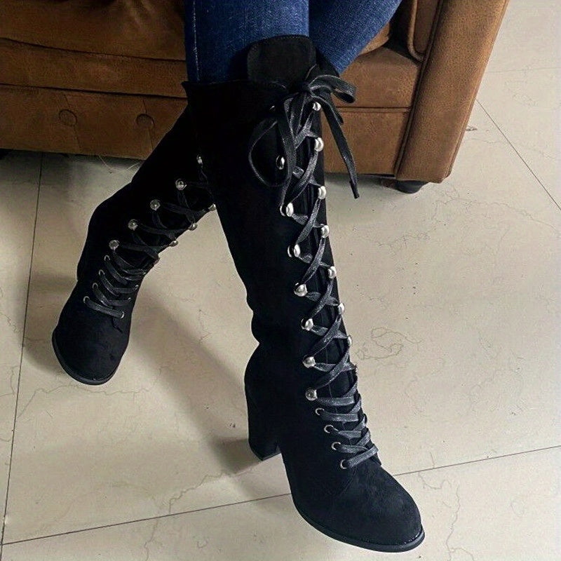 Lace-Up Chunky-Heel Tall Boots