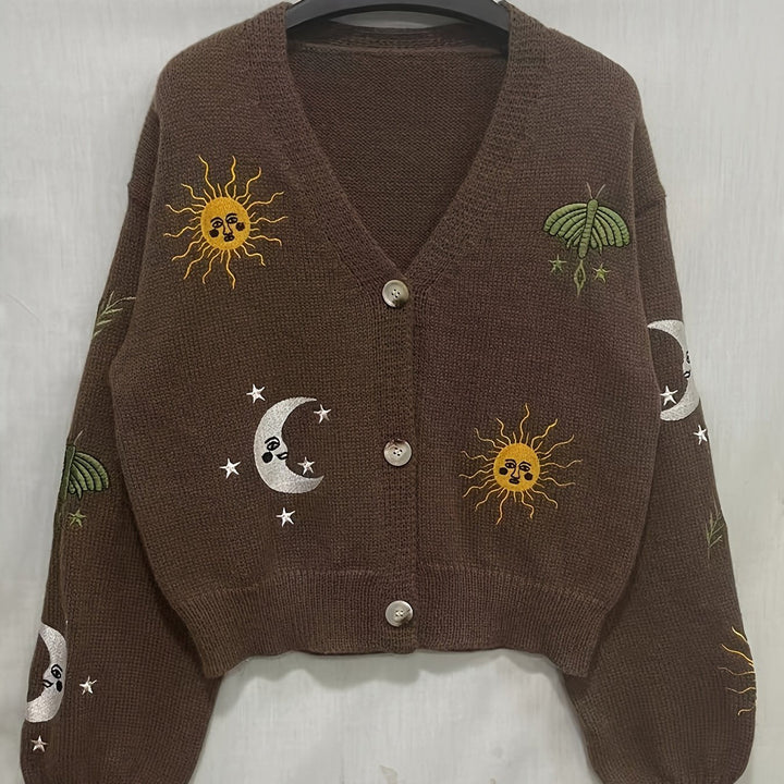 Celestial Embroidered Lantern-Sleeve Cardigan