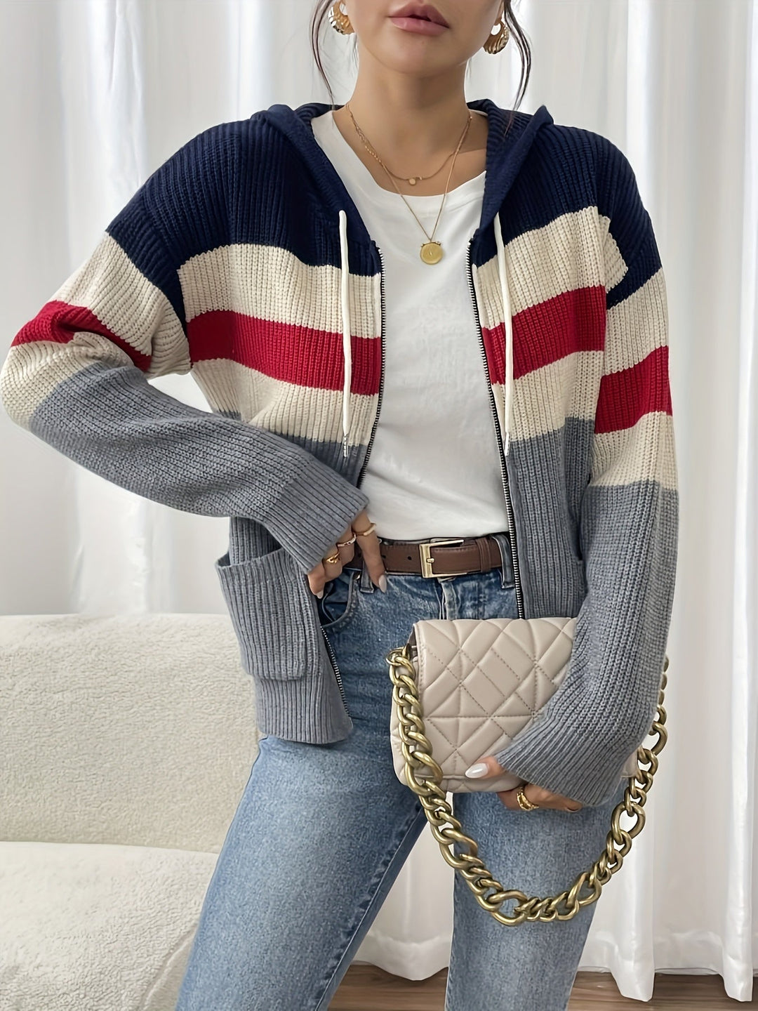 Colour-Block Hooded Zip Cardigan