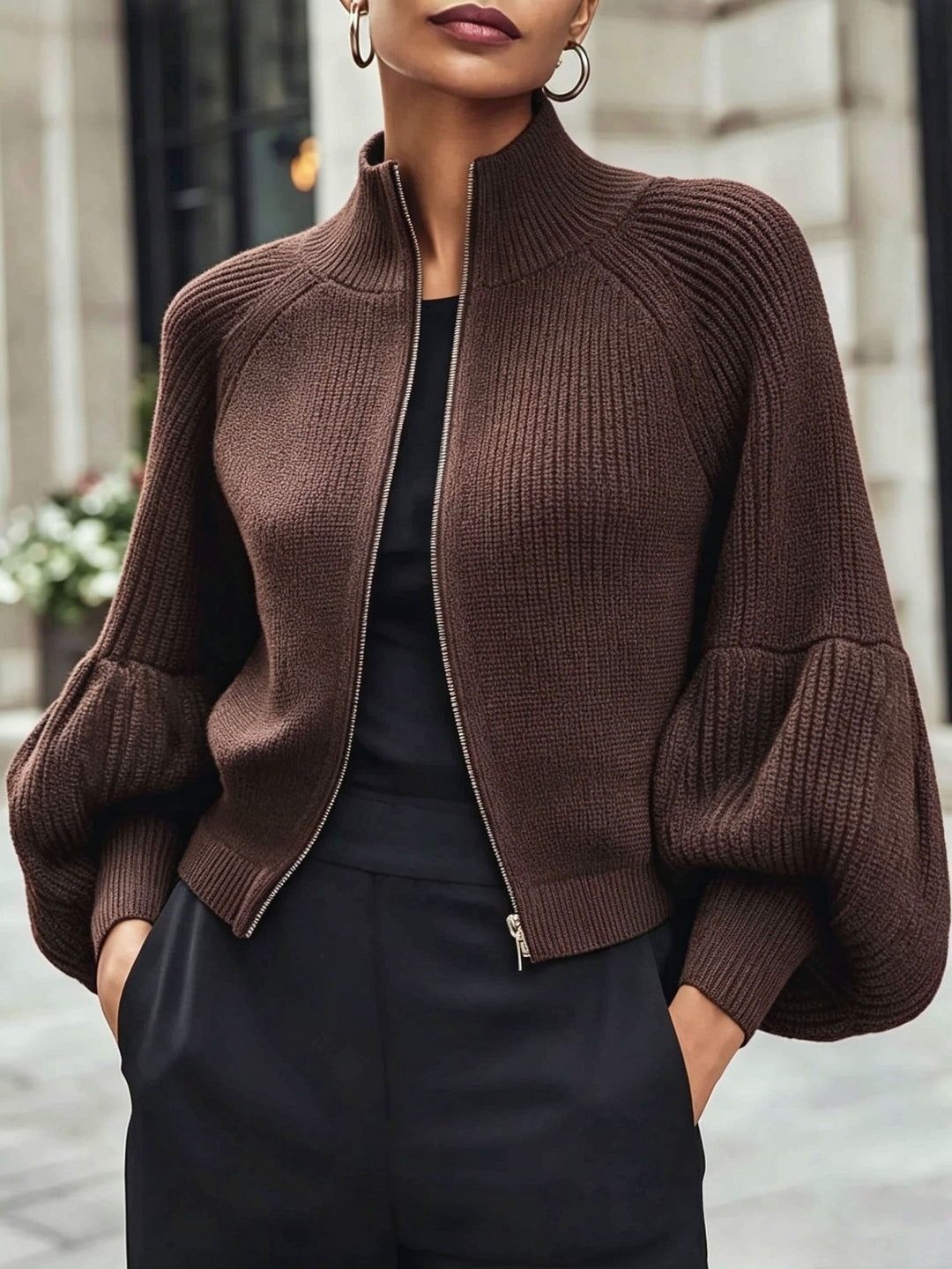Zip-Up Puff-Sleeve Cardigan