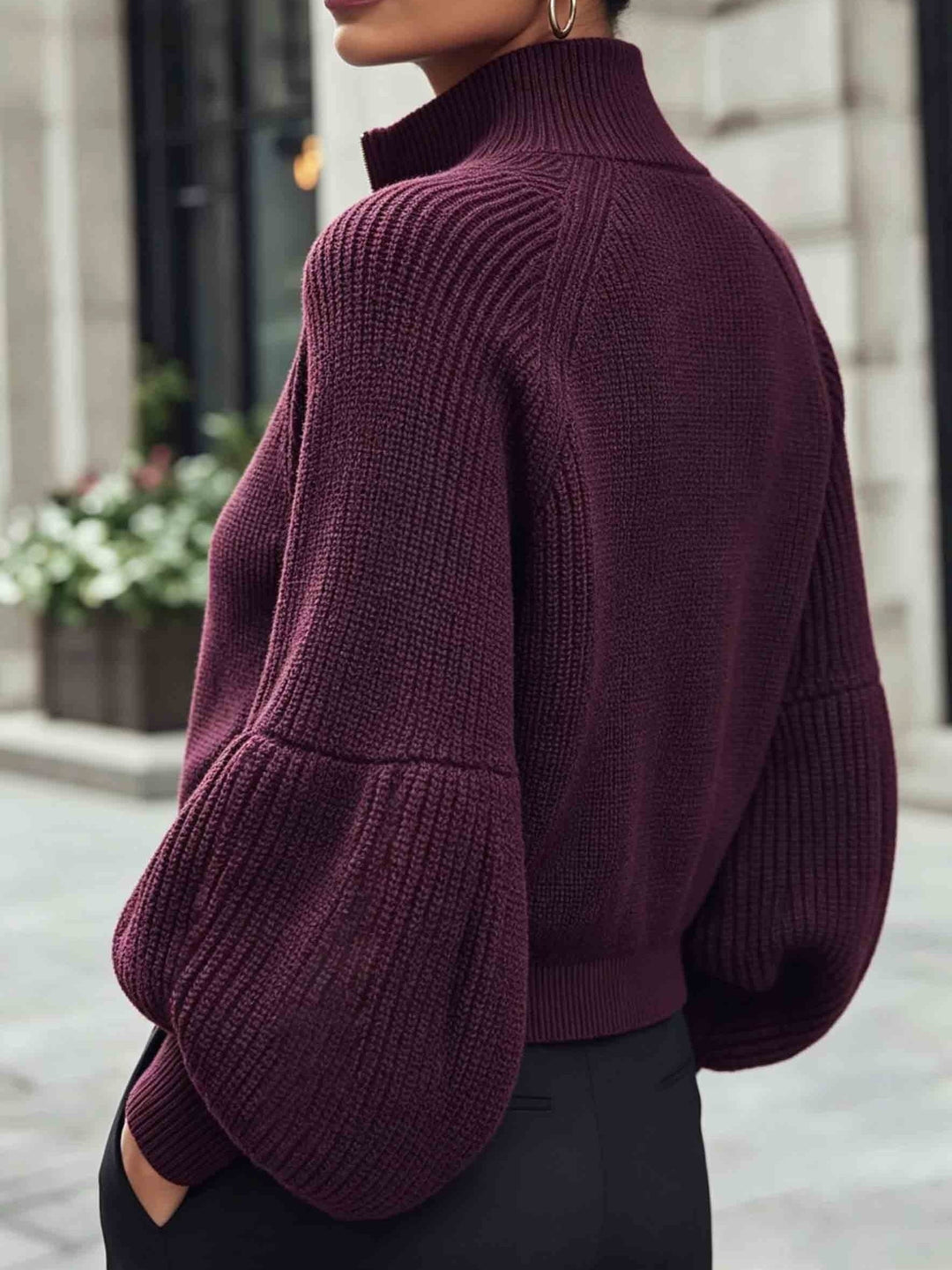 Zip-Up Puff-Sleeve Cardigan