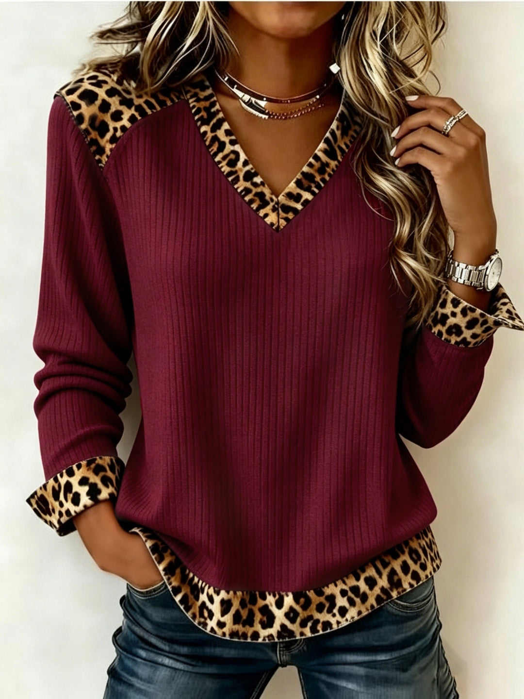 Animal-Trimmed V-Neck Top