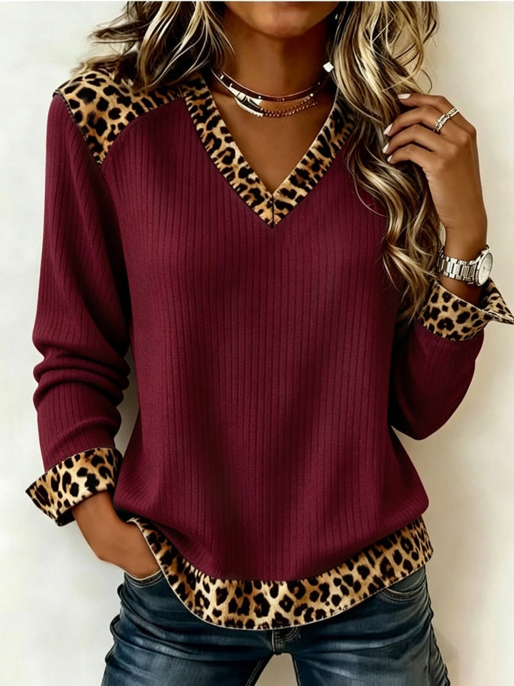 Animal-Trimmed V-Neck Top