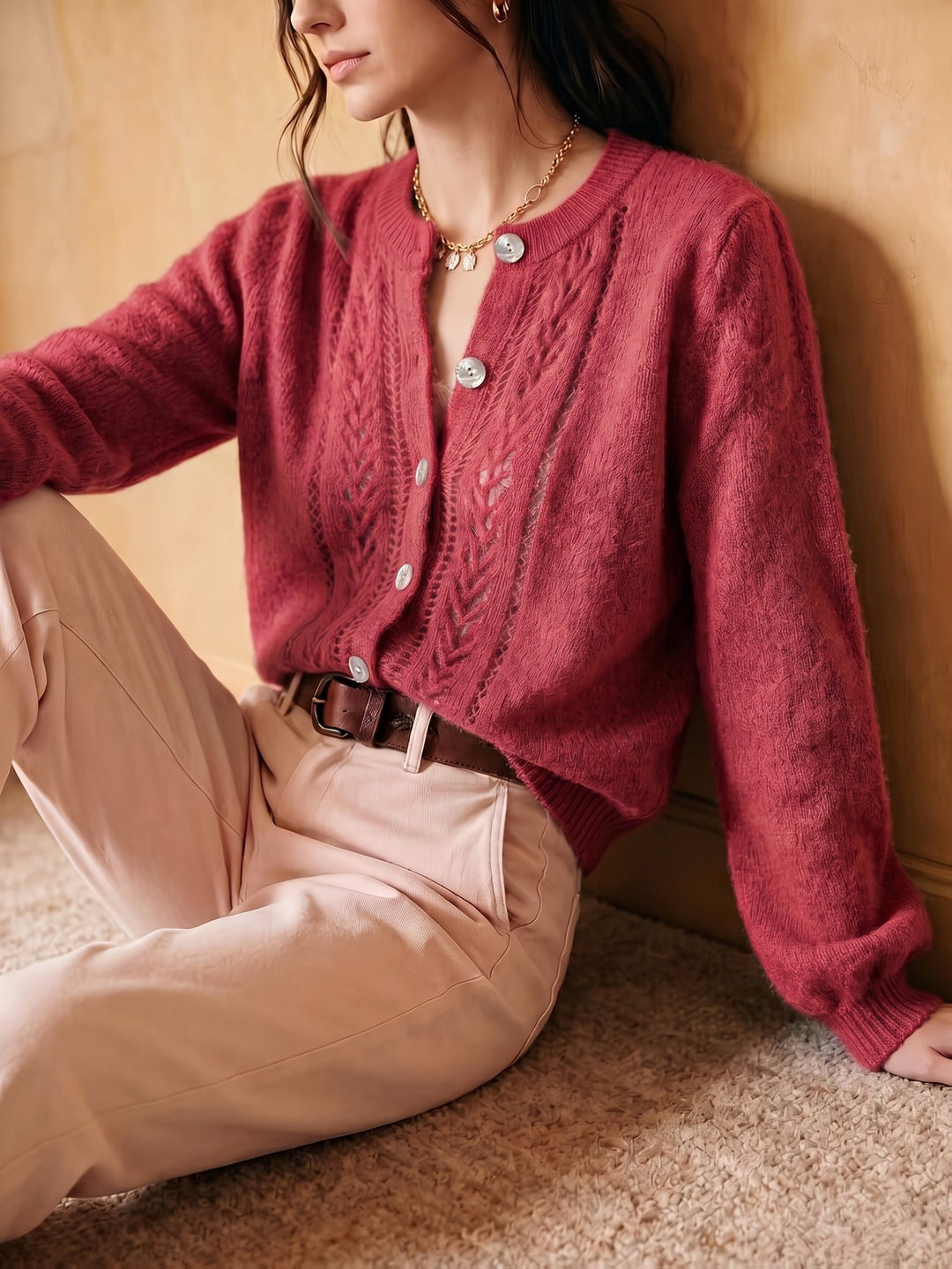 Softly Textured Round-Neck Cardigan