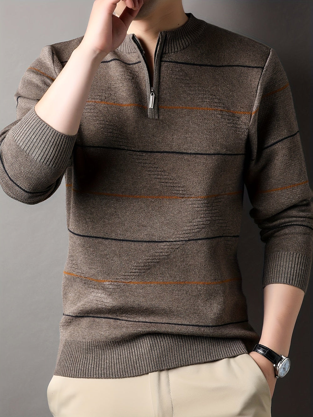 Refined Striped Zip-Neck Sweater