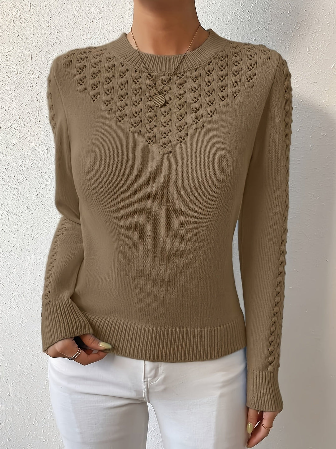 Pointelle-Knit Round Neck Sweater