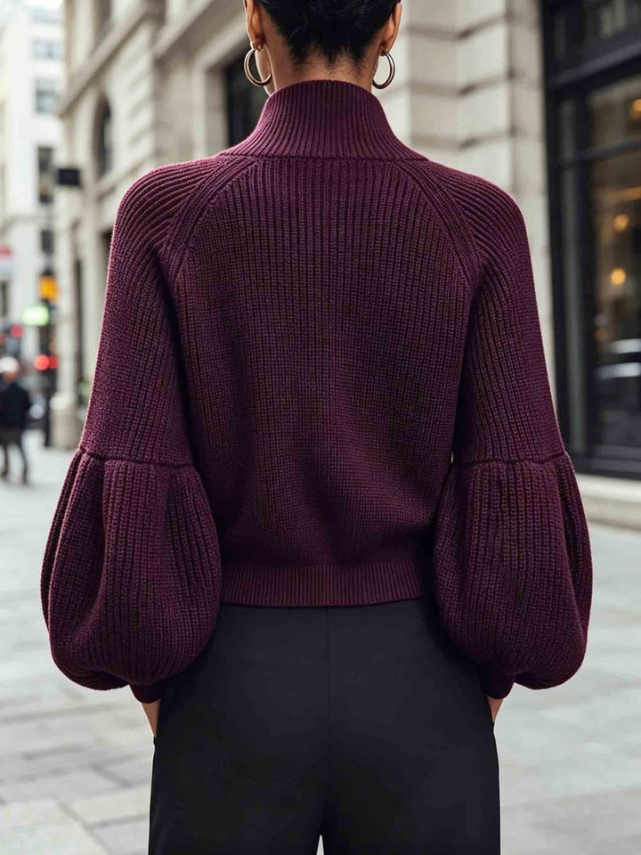 Zip-Up Puff-Sleeve Cardigan