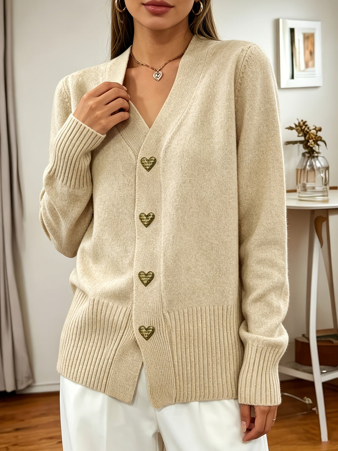 Heart-Button V-Neck Cardigan