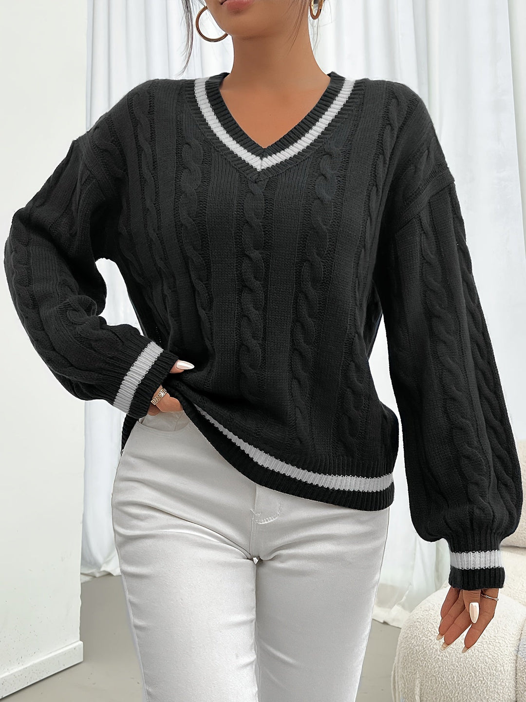Cable-Knit V-Neck Sweater