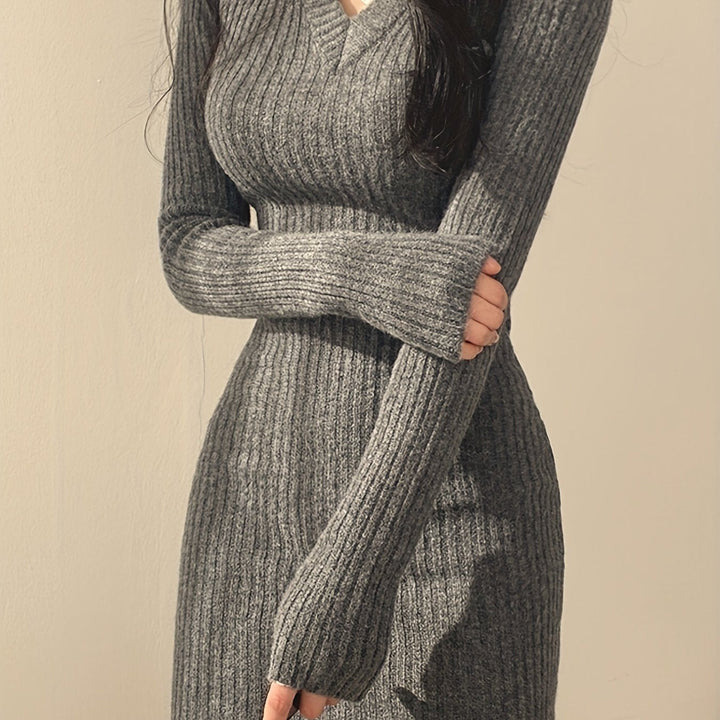 Ribbed V-Neck Slim-Fit Dress