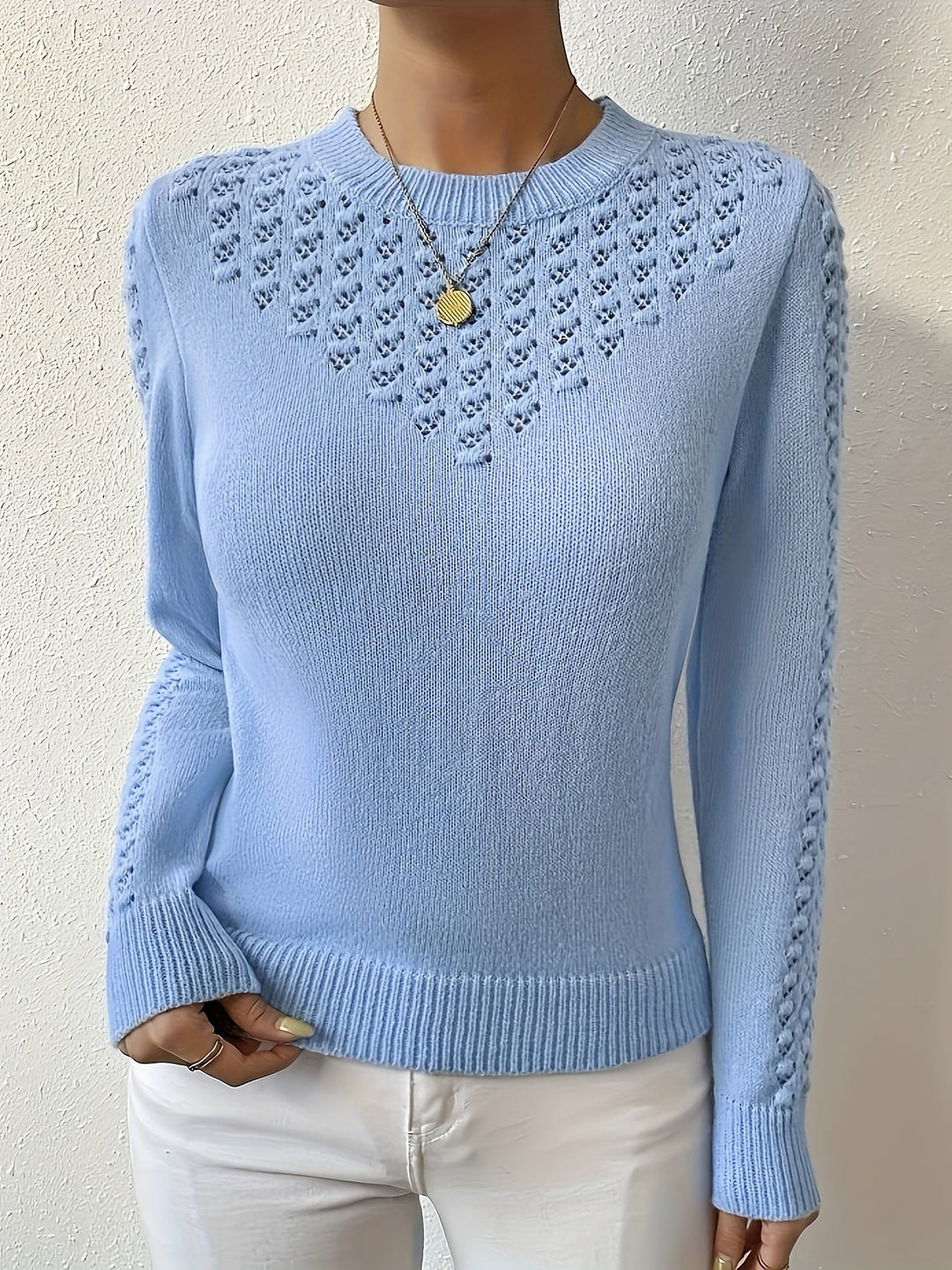 Pointelle-Knit Round Neck Sweater