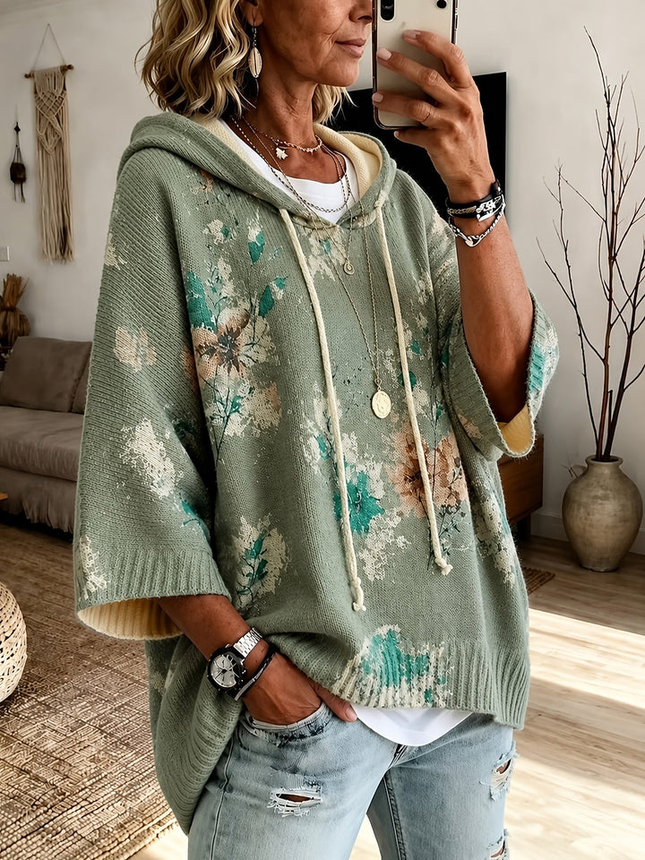 Hooded Floral Cape Sweater