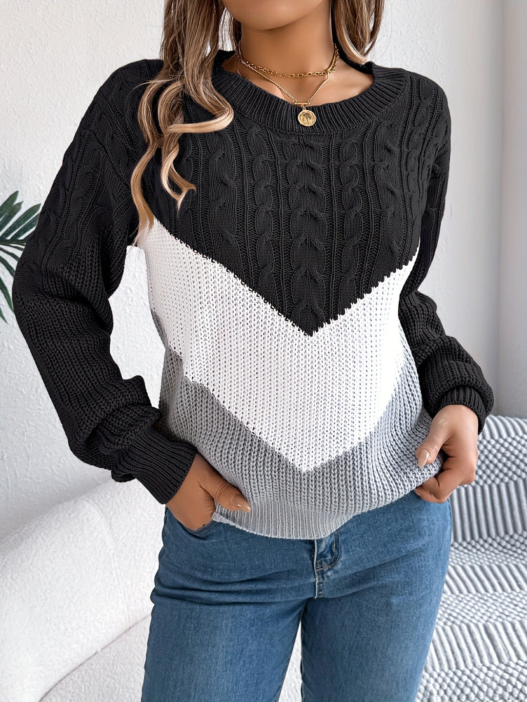 Color-Block Round Neck Sweater