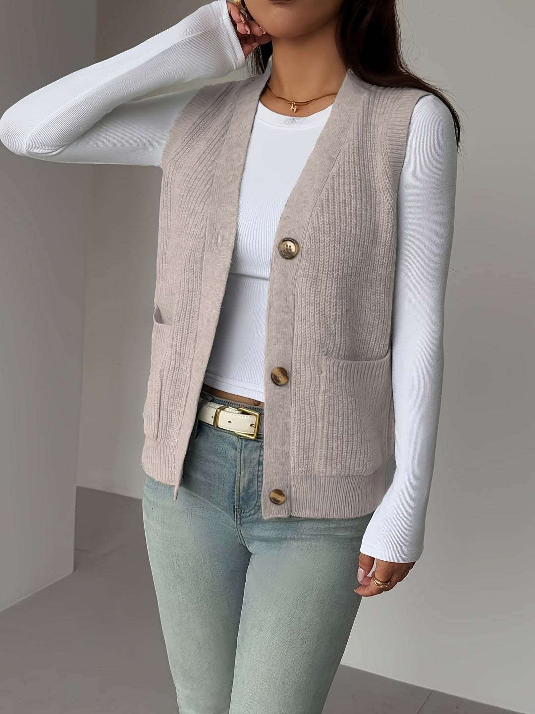 Buttoned V-Neck Knit Vest