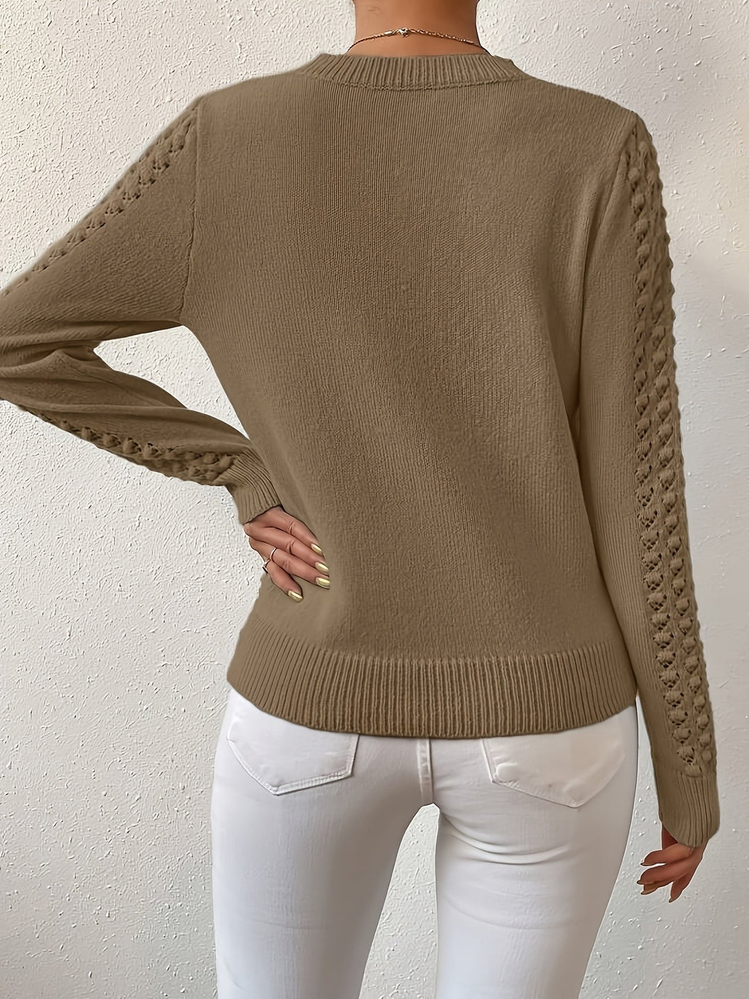 Pointelle-Knit Round Neck Sweater