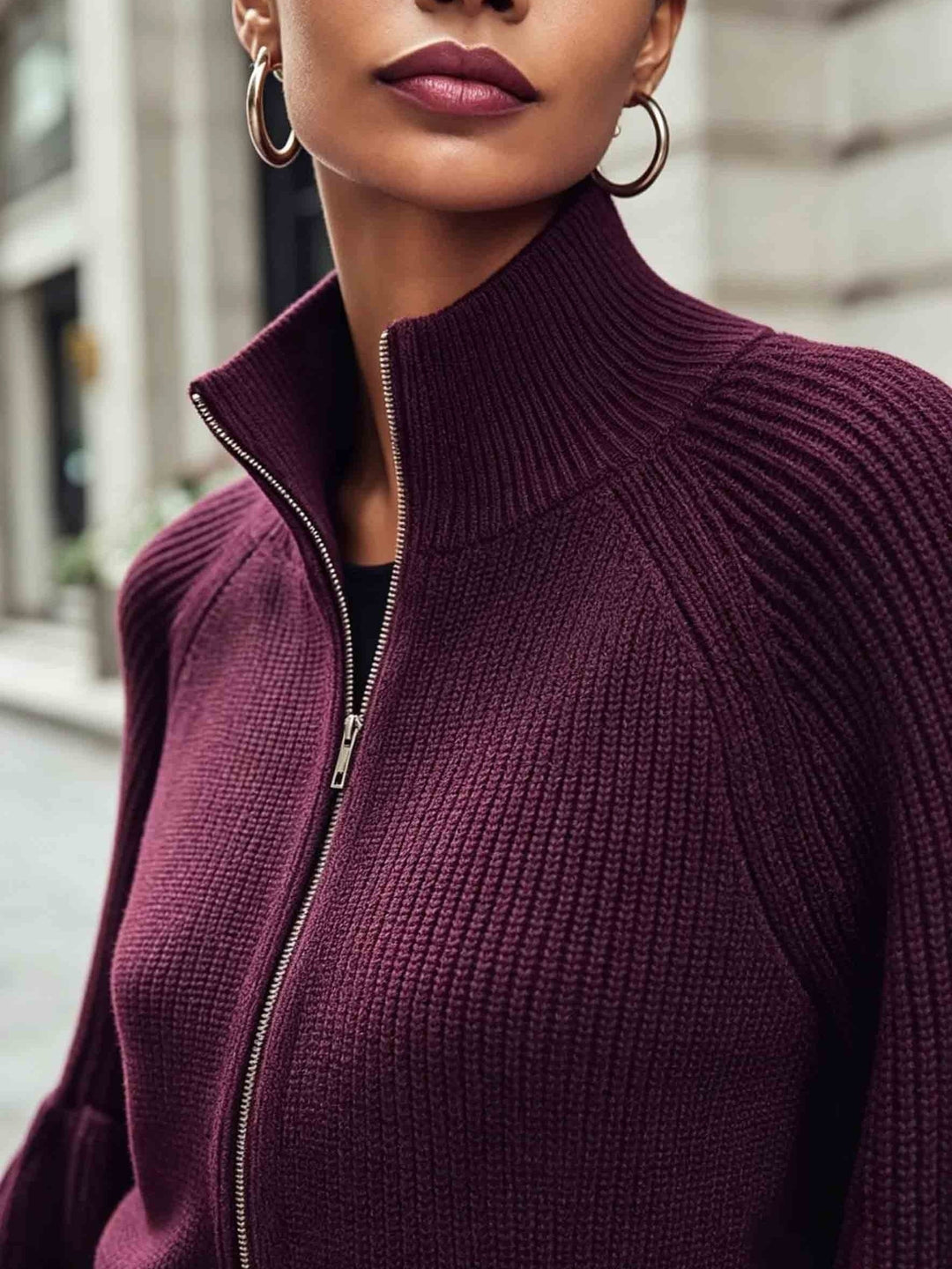 Zip-Up Puff-Sleeve Cardigan