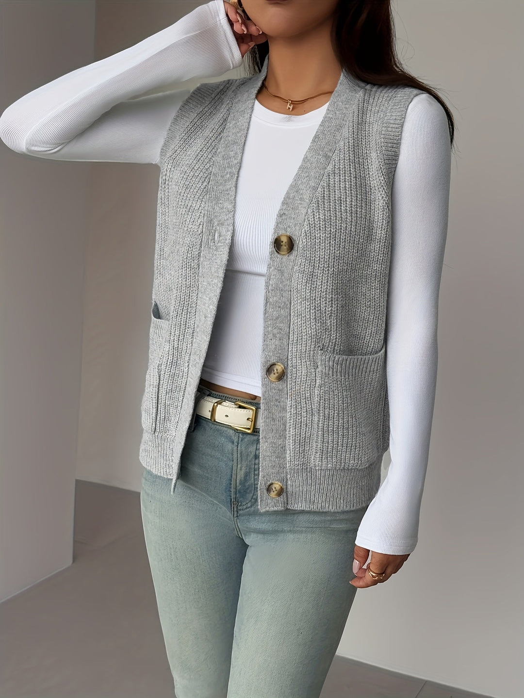 Buttoned V-Neck Knit Vest