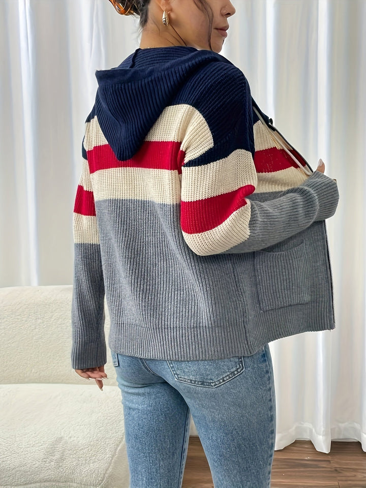 Colour-Block Hooded Zip Cardigan