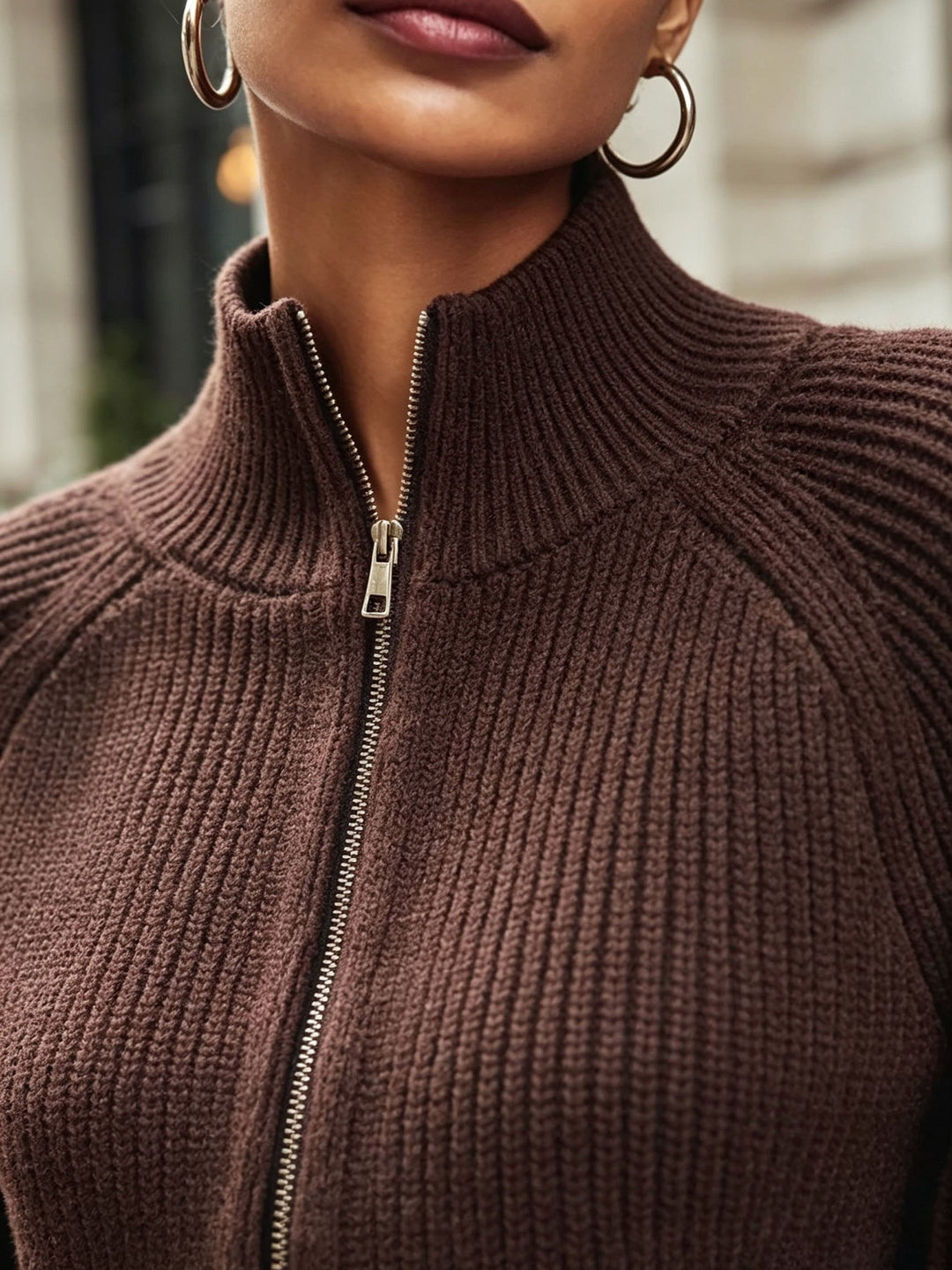 Zip-Up Puff-Sleeve Cardigan