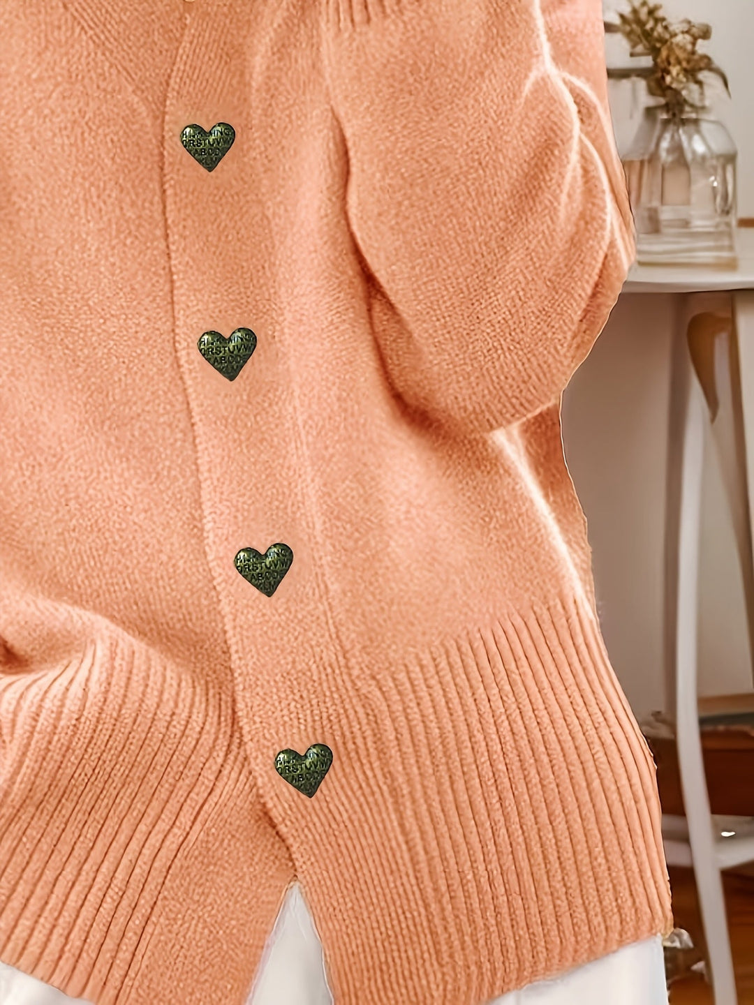 Heart-Button V-Neck Cardigan