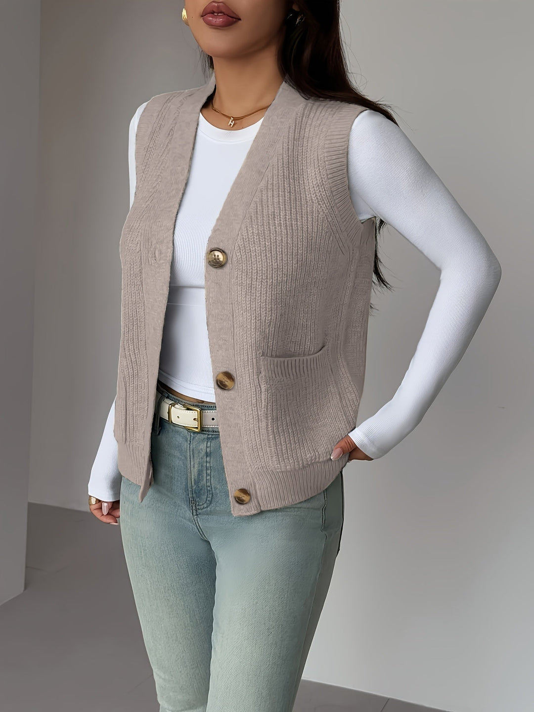 Buttoned V-Neck Knit Vest