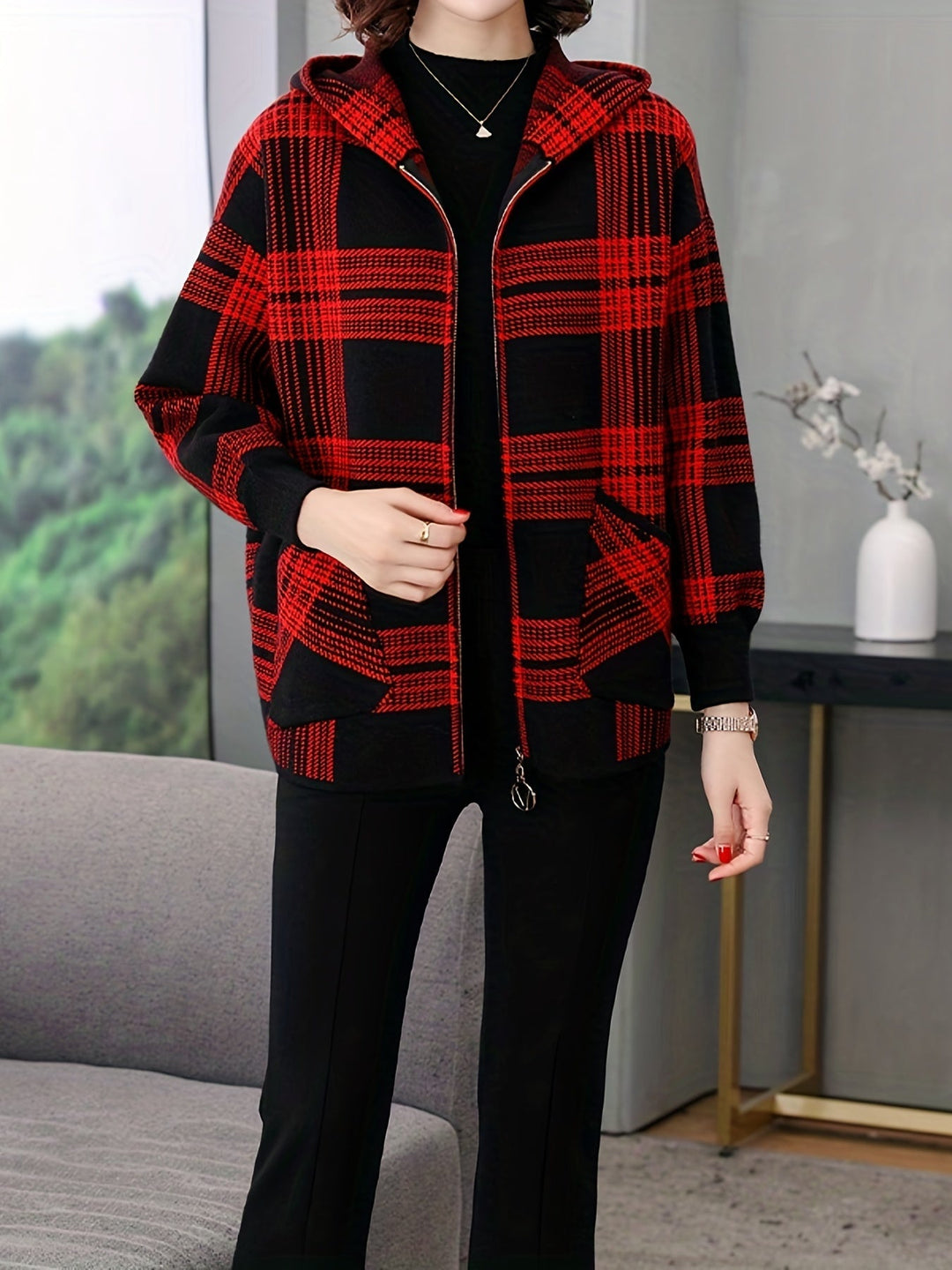 Hooded Checked Zip Jacket