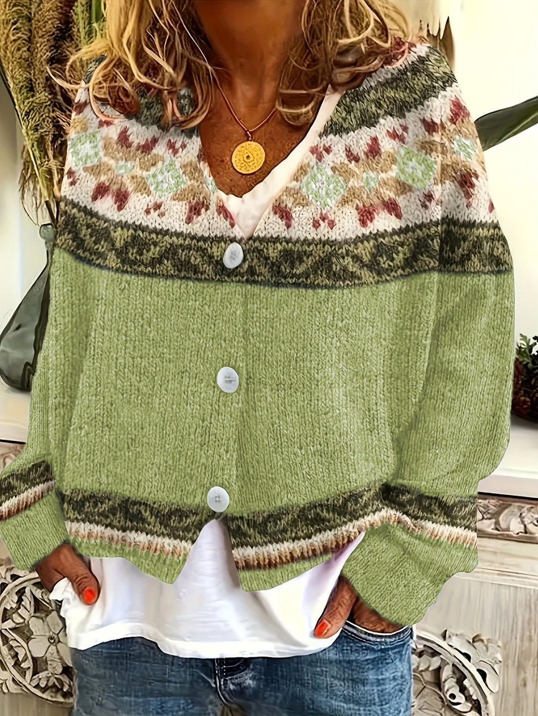 Patterned Button-Front Cardigan