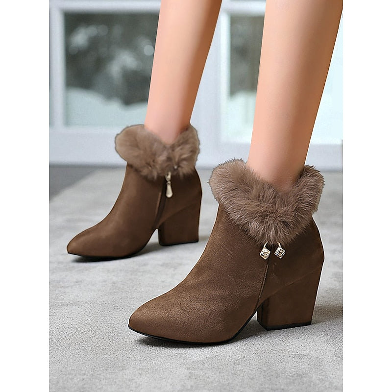 Fur-Trimmed Block Heel Ankle Boots