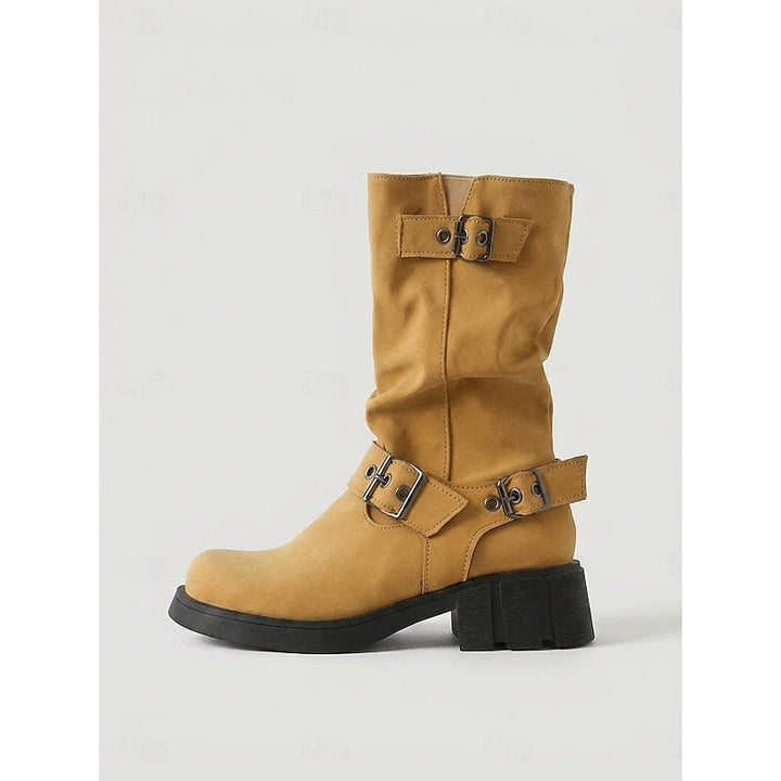 Buckle-Detail Mid-Calf Biker Boots