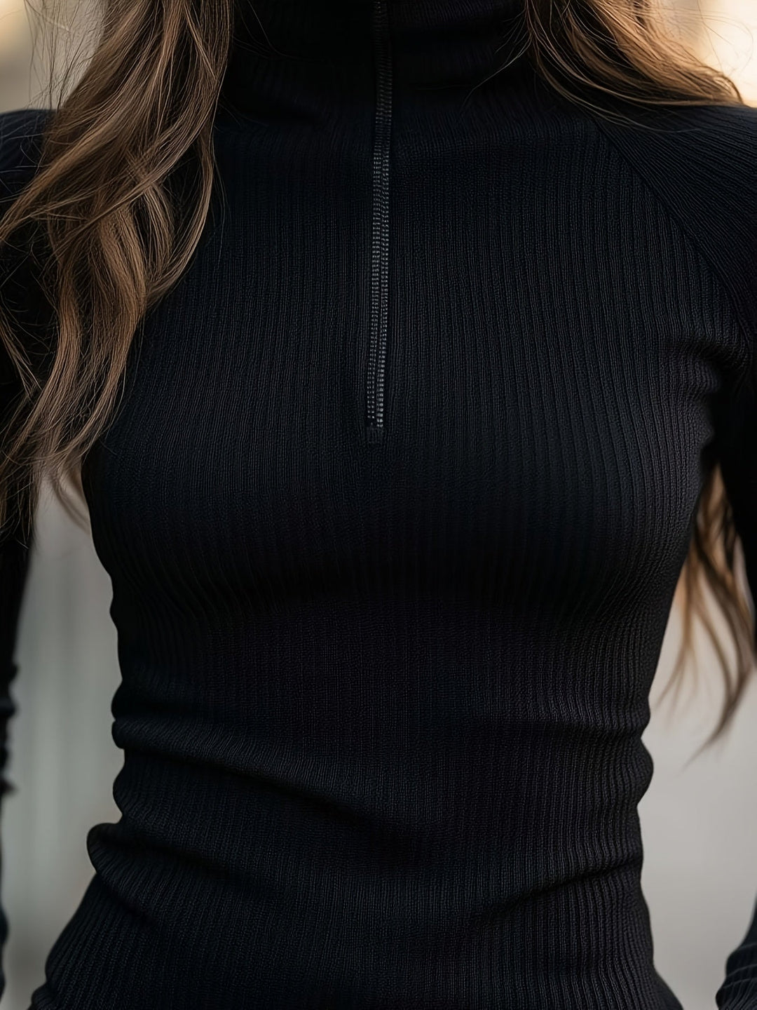 Half-Zip High-Neck Ribbed Top