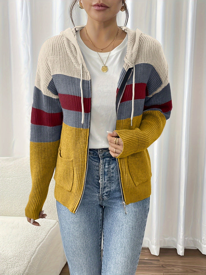 Colour-Block Hooded Zip Cardigan