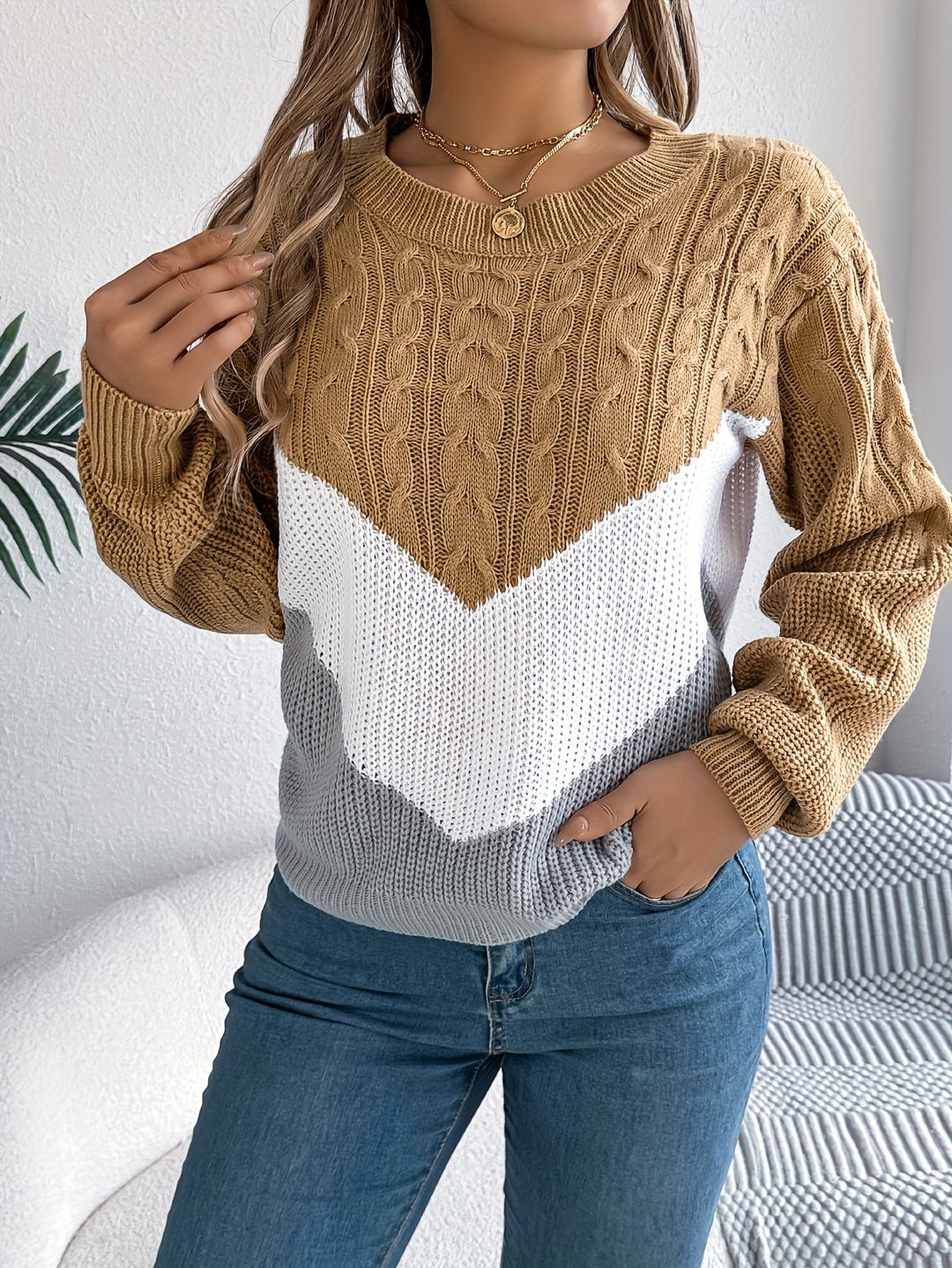 Color-Block Round Neck Sweater
