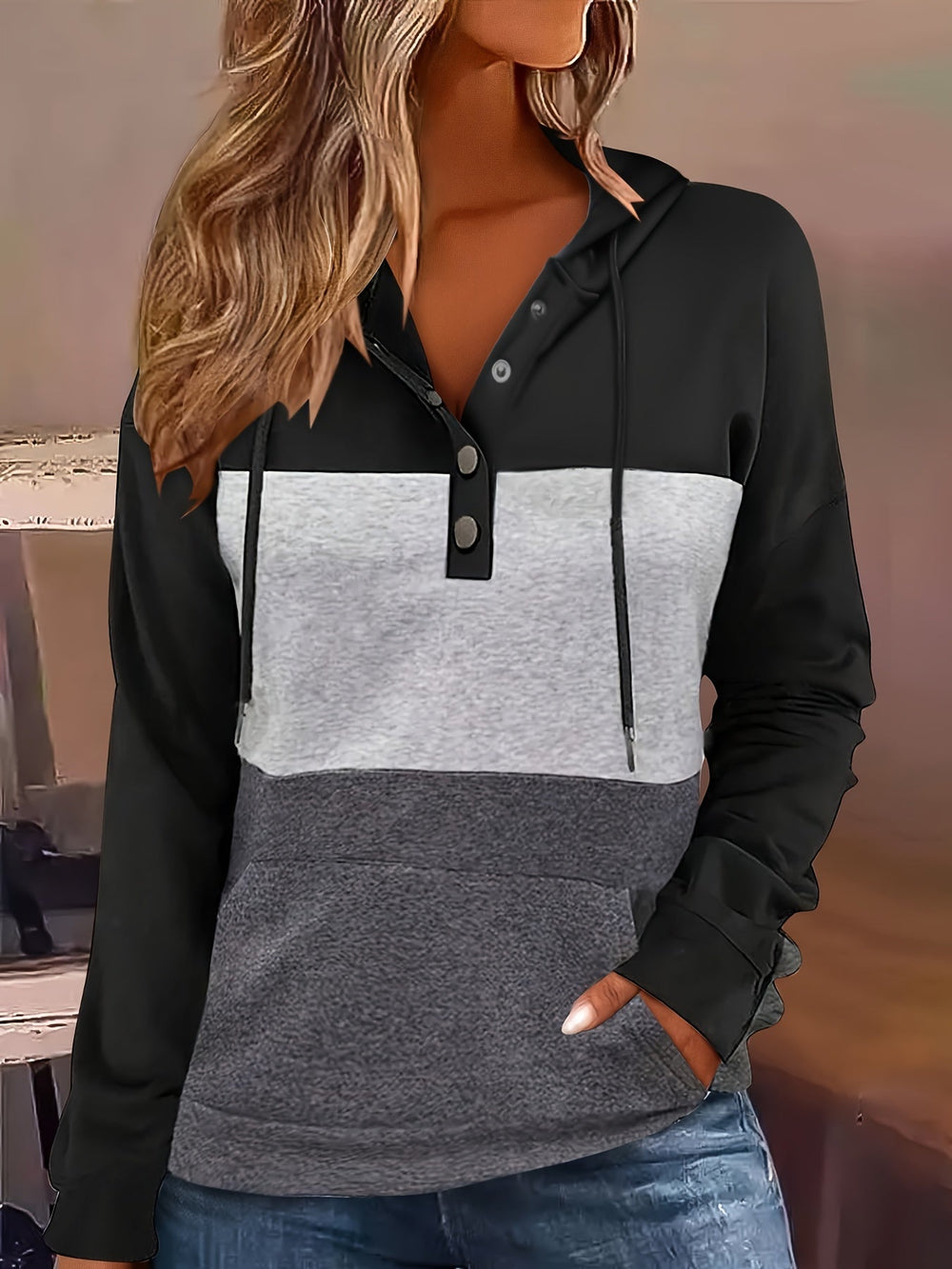 Color Block Button-Neck Hoodie