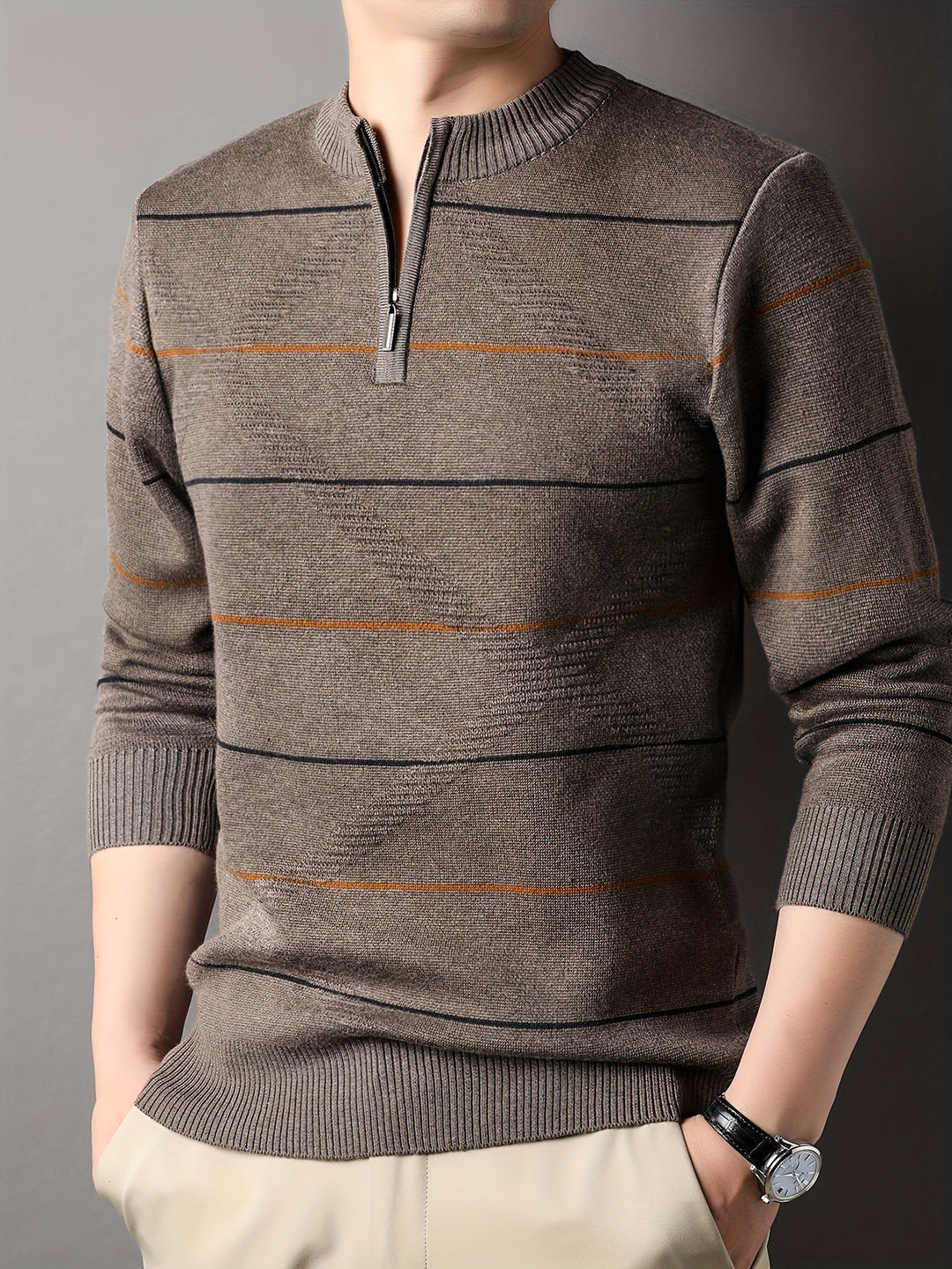 Refined Striped Zip-Neck Sweater