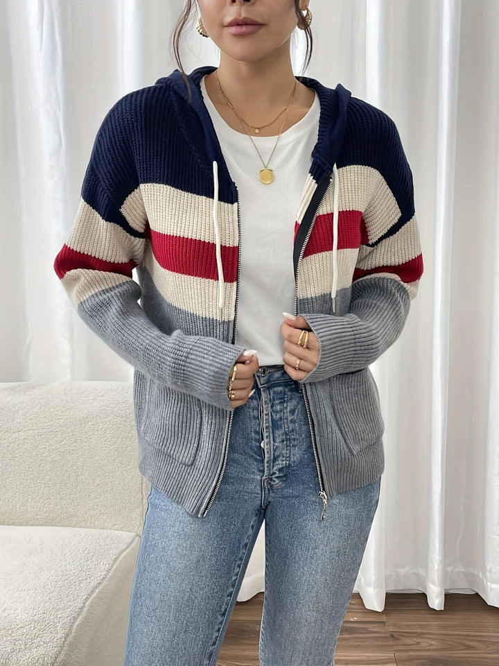 Colour-Block Hooded Zip Cardigan