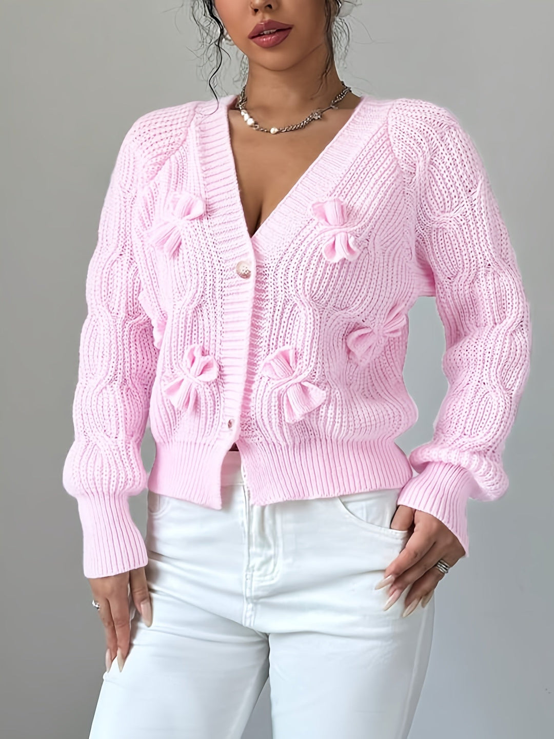 Soft Bow-Detail Long Sleeve Cardigan