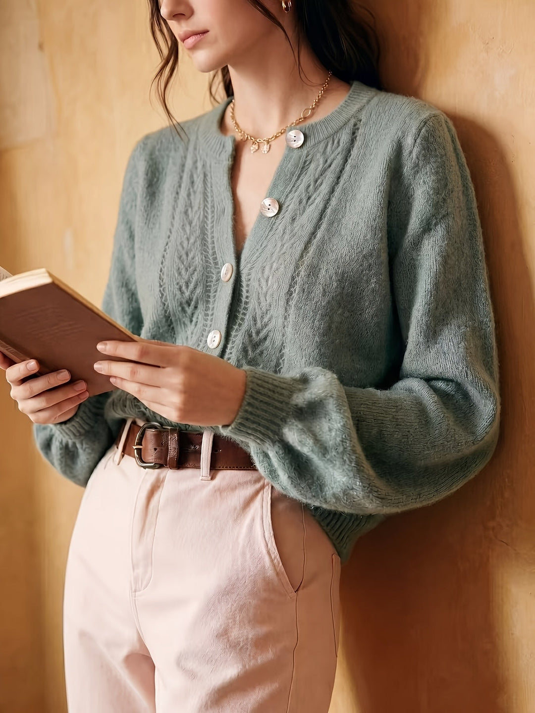 Softly Textured Round-Neck Cardigan