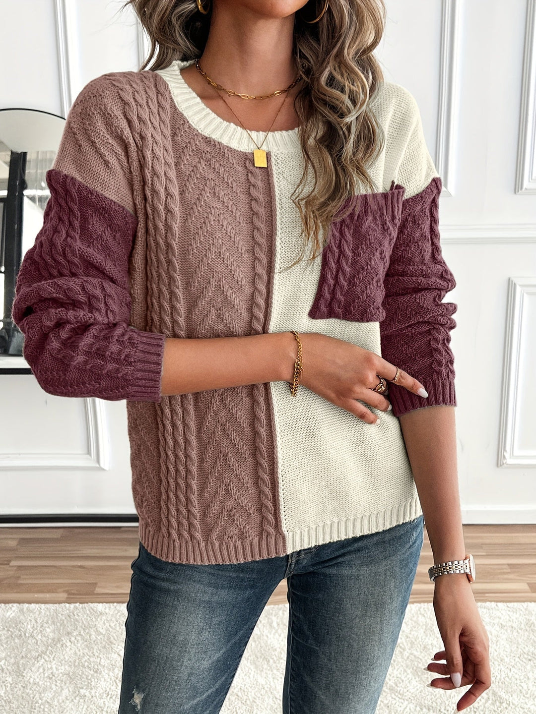 Color Block Cable Knit Sweater