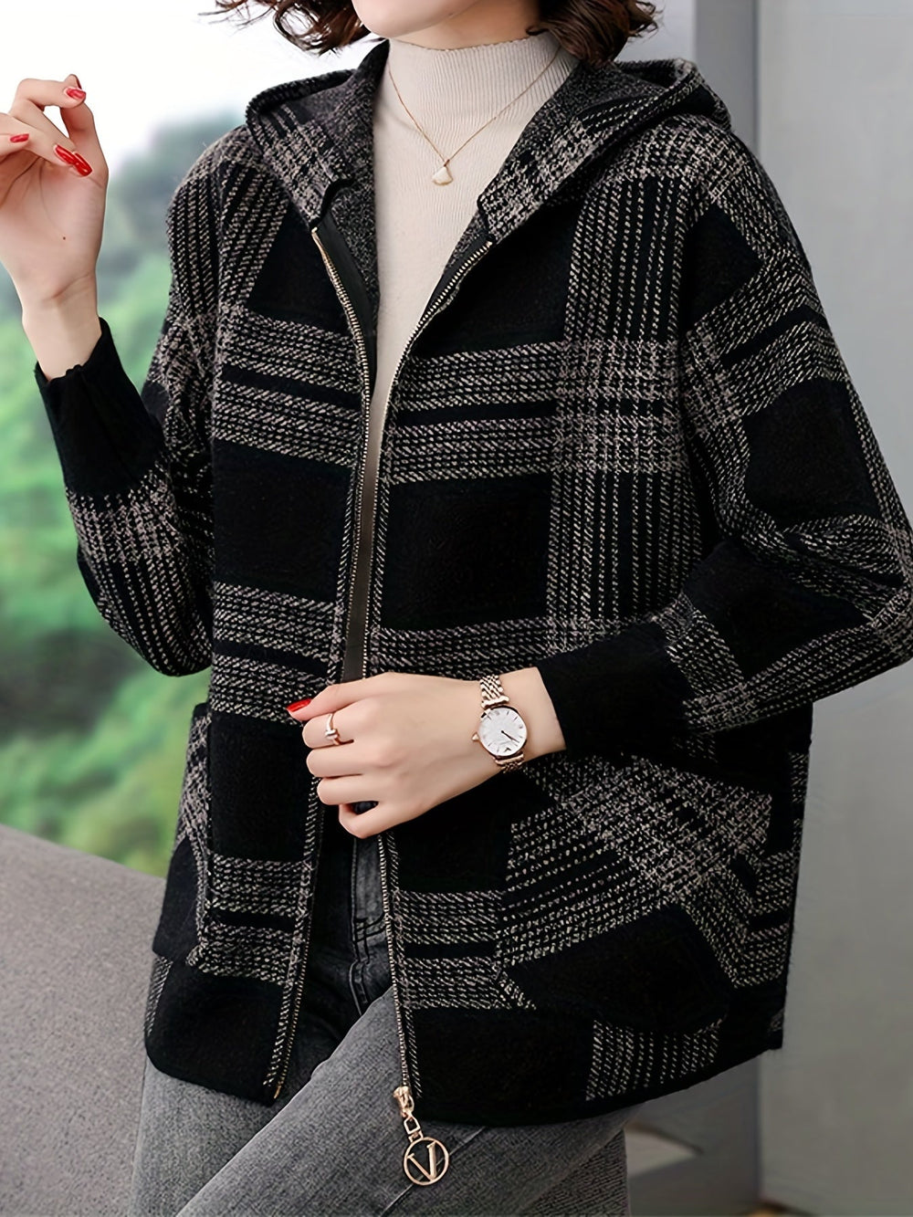 Hooded Checked Zip Jacket