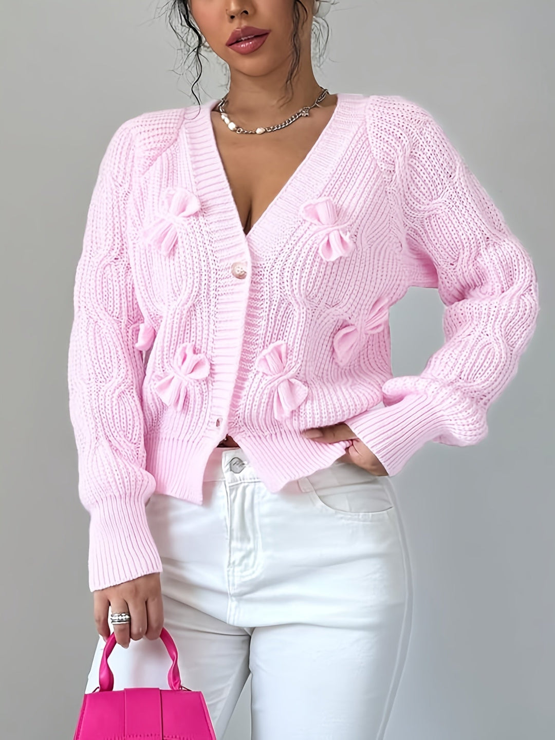 Soft Bow-Detail Long Sleeve Cardigan
