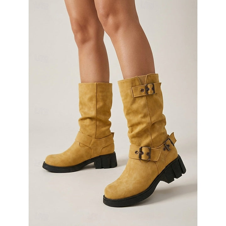 Buckle-Detail Mid-Calf Biker Boots
