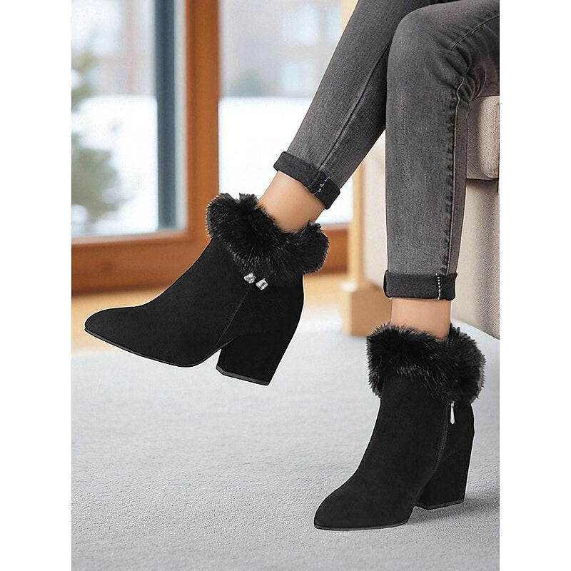 Fur-Trimmed Block Heel Ankle Boots