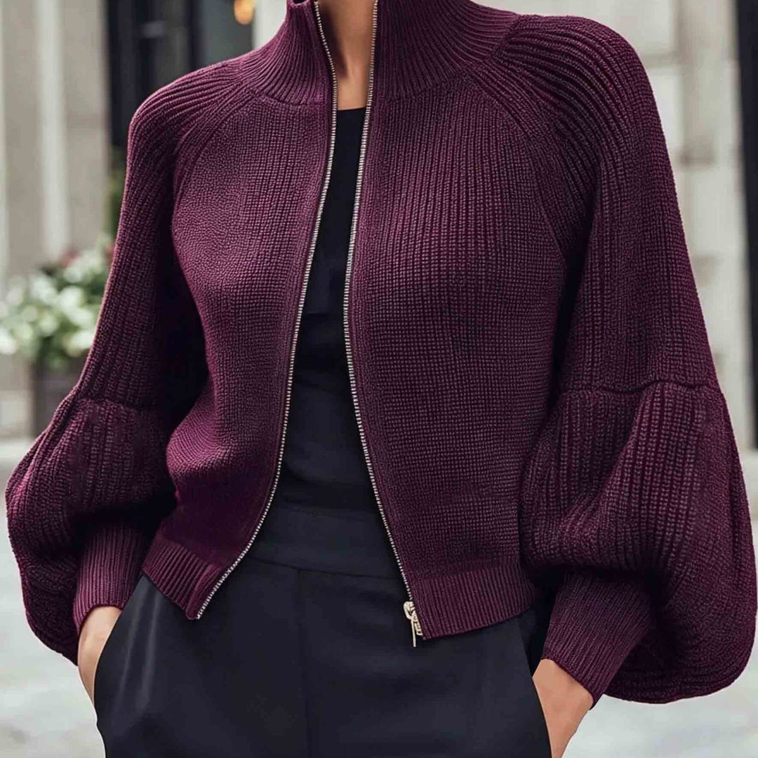 Zip-Up Puff-Sleeve Cardigan