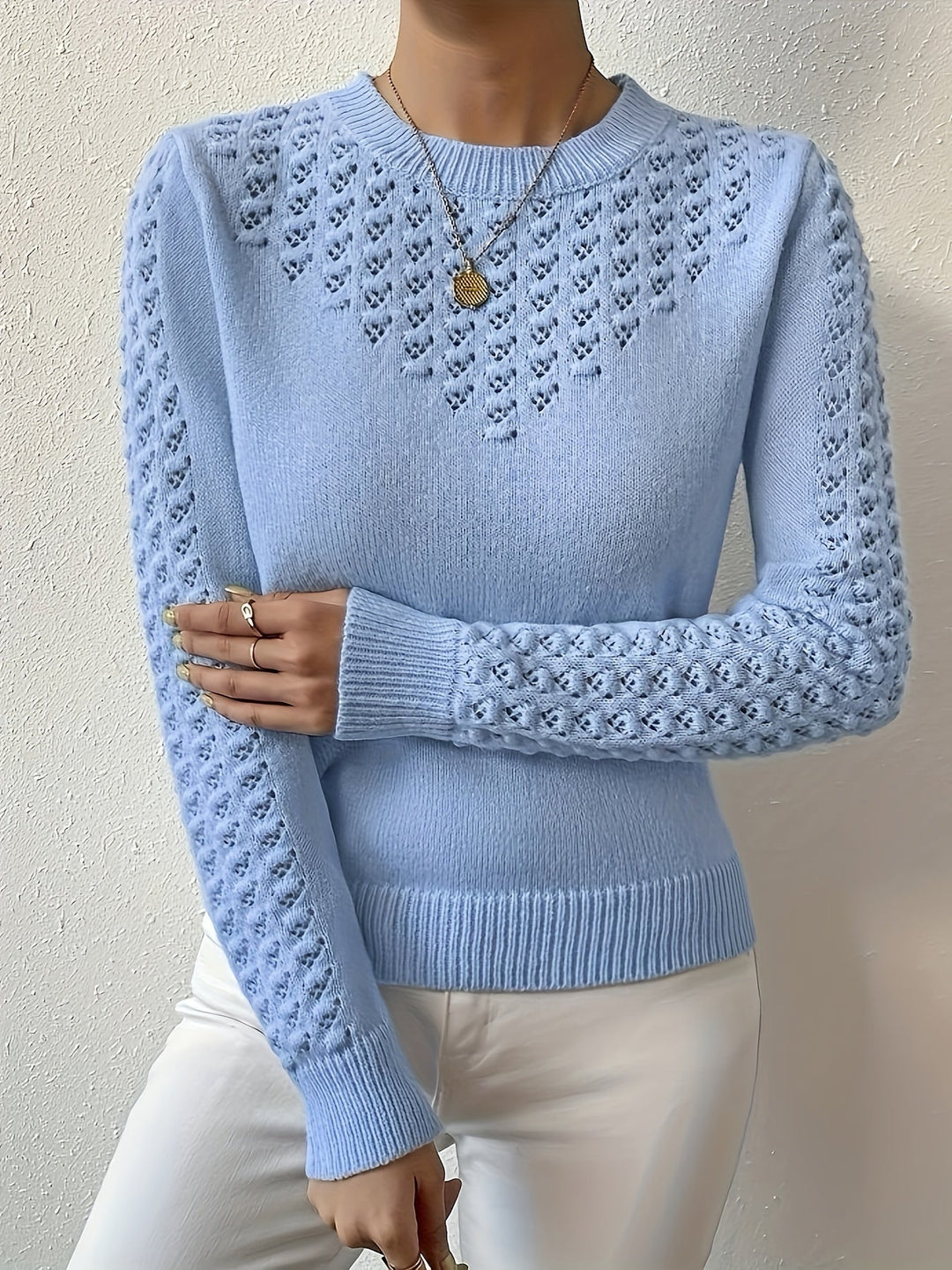 Pointelle-Knit Round Neck Sweater