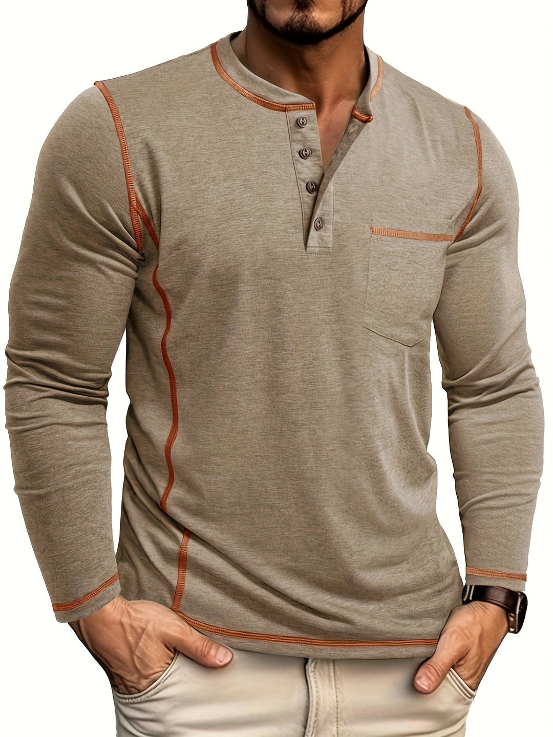 Contrast-Stitch Long Sleeve Henley