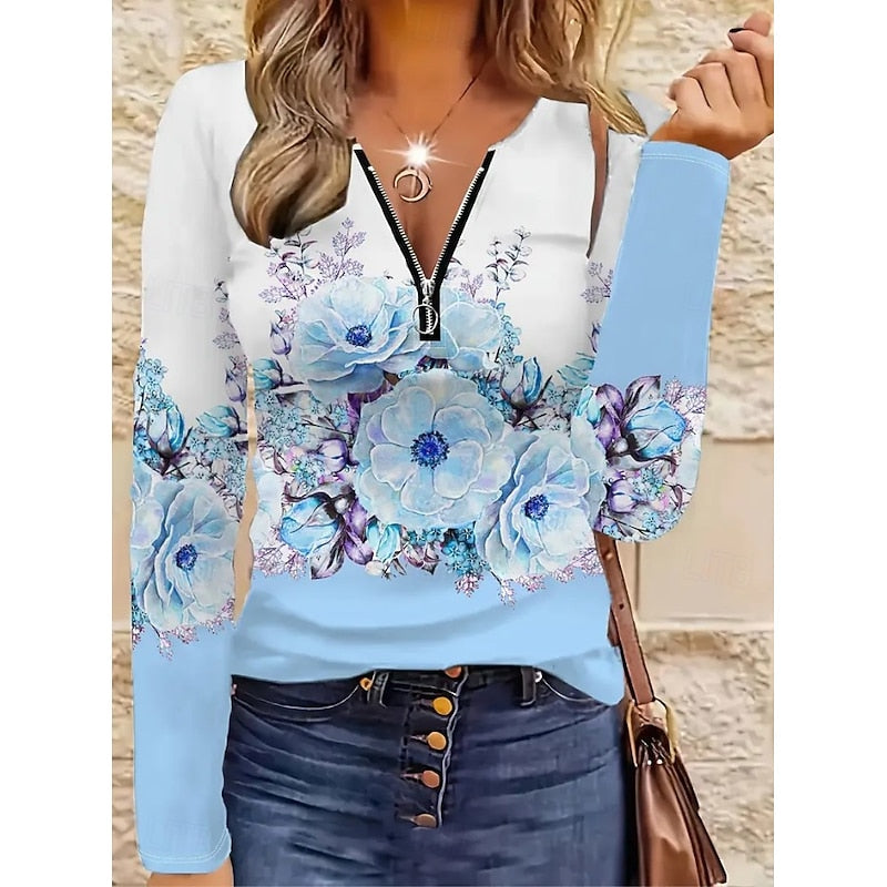 Floral Quarter-Zip Long Sleeve Top